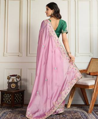 Pink star georgette embroidery work heavy ceremonial saree 2