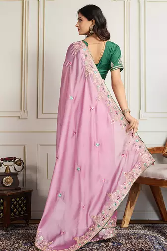 Pink star georgette embroidery work heavy ceremonial saree
