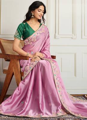 Pink star georgette embroidery work heavy ceremonial saree 3