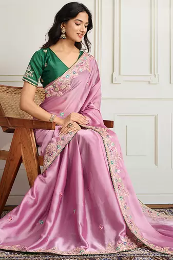 Pink star georgette embroidery work heavy ceremonial saree
