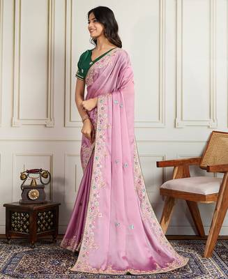 Pink star georgette embroidery work heavy ceremonial saree 4