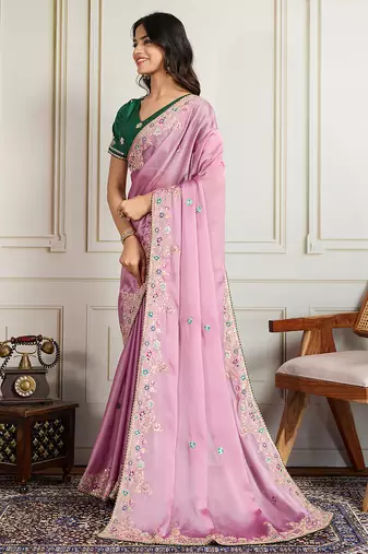 Pink star georgette embroidery work heavy ceremonial saree