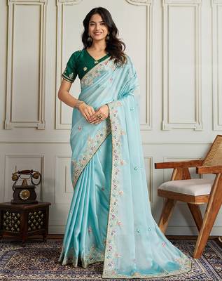 Sea green star georgette embroidery work heavy ceremonial saree 1