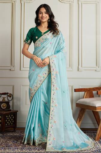 Sea green color star georgette fabric designer embroidery work heavy ceremonial saree