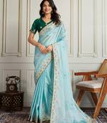 Sea green color star georgette fabric embroidery work heavy ceremonial saree