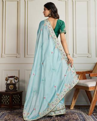 Sea green star georgette embroidery work heavy ceremonial saree 2