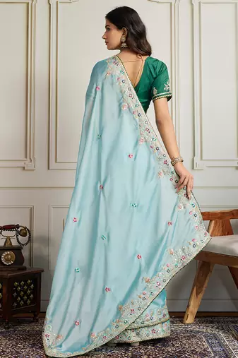 Sea green star georgette embroidery work heavy ceremonial saree