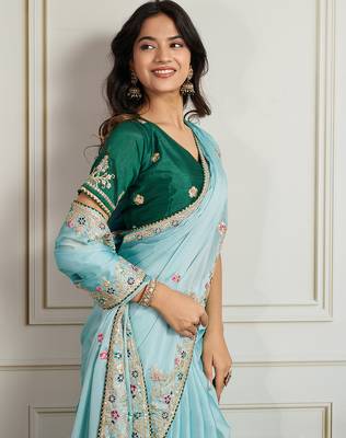 Sea green star georgette embroidery work heavy ceremonial saree 3