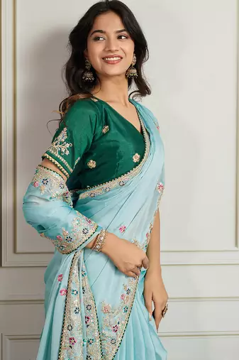 Sea green star georgette embroidery work heavy ceremonial saree
