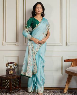Sea green star georgette embroidery work heavy ceremonial saree 4