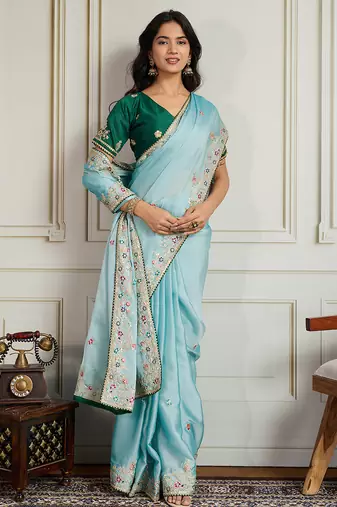 Sea green star georgette embroidery work heavy ceremonial saree