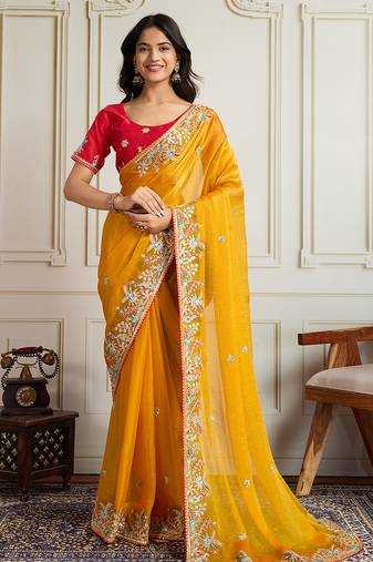 Yellow color frendy chiffon fabric designer embroidery work heavy ceremonial saree