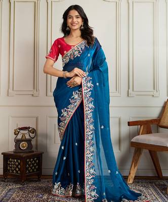 Blue frendy chiffon embroidery work heavy ceremonial saree 1