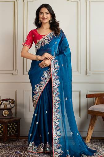 Blue color frendy chiffon fabric designer embroidery work heavy ceremonial saree