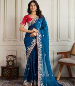 Blue color frendy chiffon fabric embroidery work heavy ceremonial saree