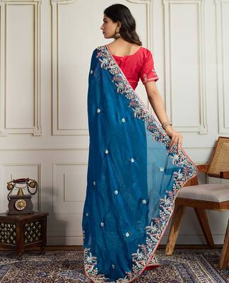 Blue frendy chiffon embroidery work heavy ceremonial saree 2