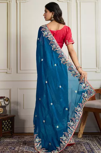 Blue frendy chiffon embroidery work heavy ceremonial saree