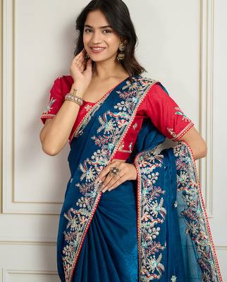 Blue frendy chiffon embroidery work heavy ceremonial saree 3