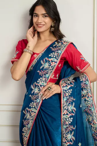 Blue frendy chiffon embroidery work heavy ceremonial saree