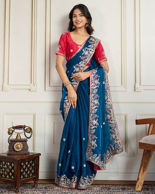 Blue frendy chiffon embroidery work heavy ceremonial saree 4