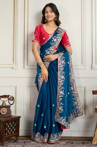 Blue frendy chiffon embroidery work heavy ceremonial saree