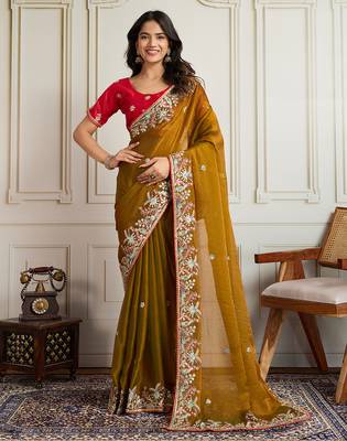 Gold frendy chiffon embroidery work heavy ceremonial saree 1