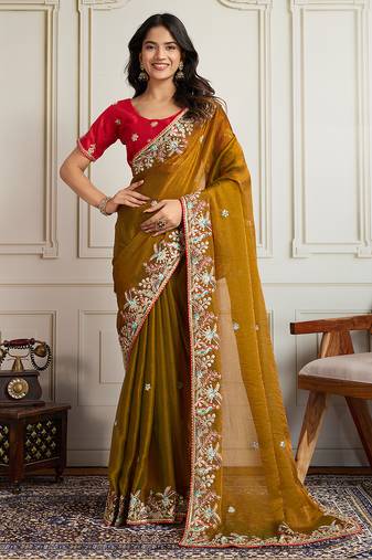 Gold color frendy chiffon fabric designer embroidery work heavy ceremonial saree