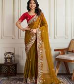Gold color frendy chiffon fabric embroidery work heavy ceremonial saree