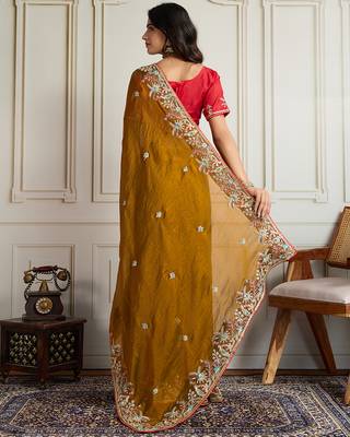 Gold frendy chiffon embroidery work heavy ceremonial saree 2