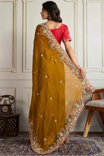 Gold frendy chiffon embroidery work heavy ceremonial saree