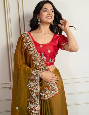 Gold frendy chiffon embroidery work heavy ceremonial saree 3
