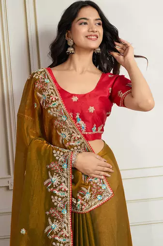 Gold frendy chiffon embroidery work heavy ceremonial saree
