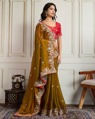 Gold frendy chiffon embroidery work heavy ceremonial saree 4