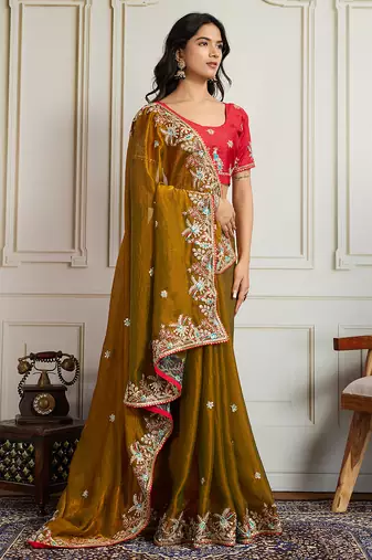 Gold frendy chiffon embroidery work heavy ceremonial saree