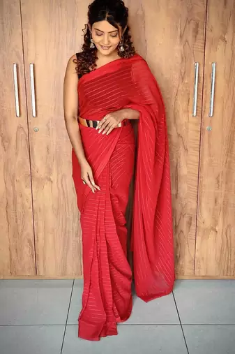pre-stitched maroon ethnic viscosee woven lining saree