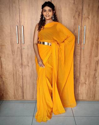 ready to wear yellow ethnic viscosee woven lining saree 1