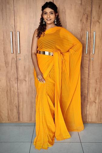 Yellow color ethnic viscose fabric woven lining pre stitched saree