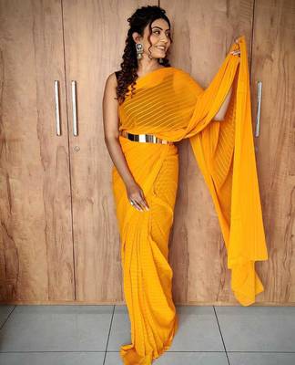 ready to wear yellow ethnic viscosee woven lining saree 3