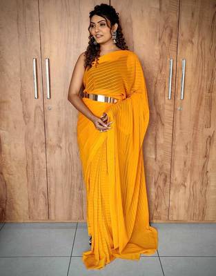 ready to wear yellow ethnic viscosee woven lining saree 4