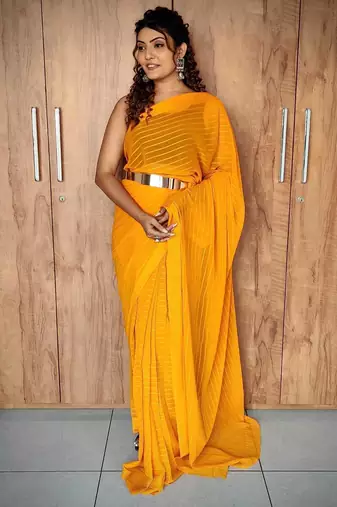 ready to wear yellow ethnic viscosee woven lining saree