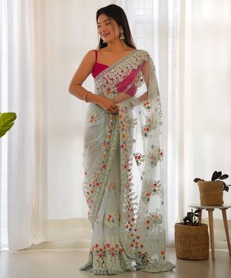 Blue butterfly net thread embroidery work ceremonial saree 1