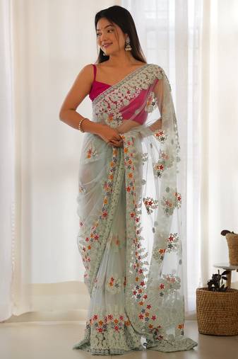 Blue color butterfly net fabric designer thread embroidery work ceremonial saree