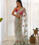 Blue color butterfly net fabric designer thread embroidery work ceremonial saree