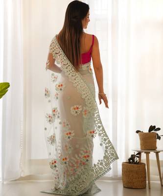 Blue butterfly net thread embroidery work ceremonial saree 2
