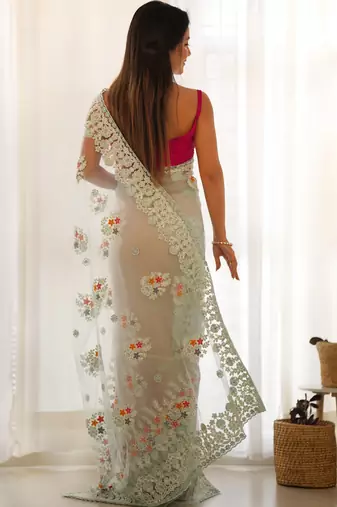 Blue butterfly net thread embroidery work ceremonial saree