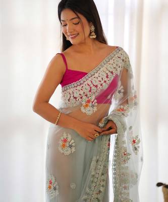 Blue butterfly net thread embroidery work ceremonial saree 3