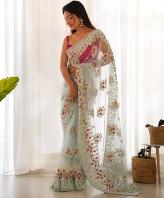 Blue butterfly net thread embroidery work ceremonial saree 4