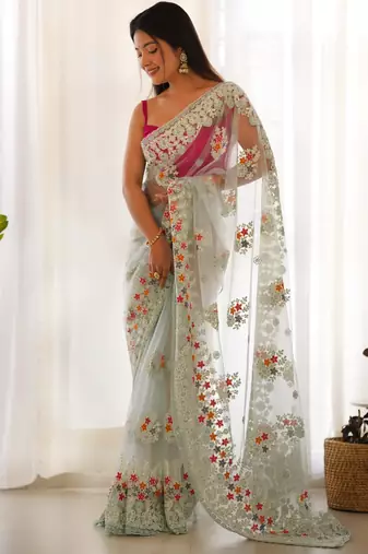Blue butterfly net thread embroidery work ceremonial saree