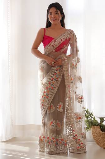 Beige color butterfly net fabric designer thread embroidery work ceremonial saree