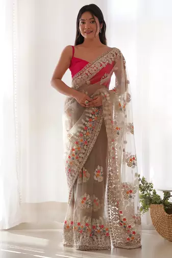 Beige color butterfly net fabric designer thread embroidery work ceremonial saree